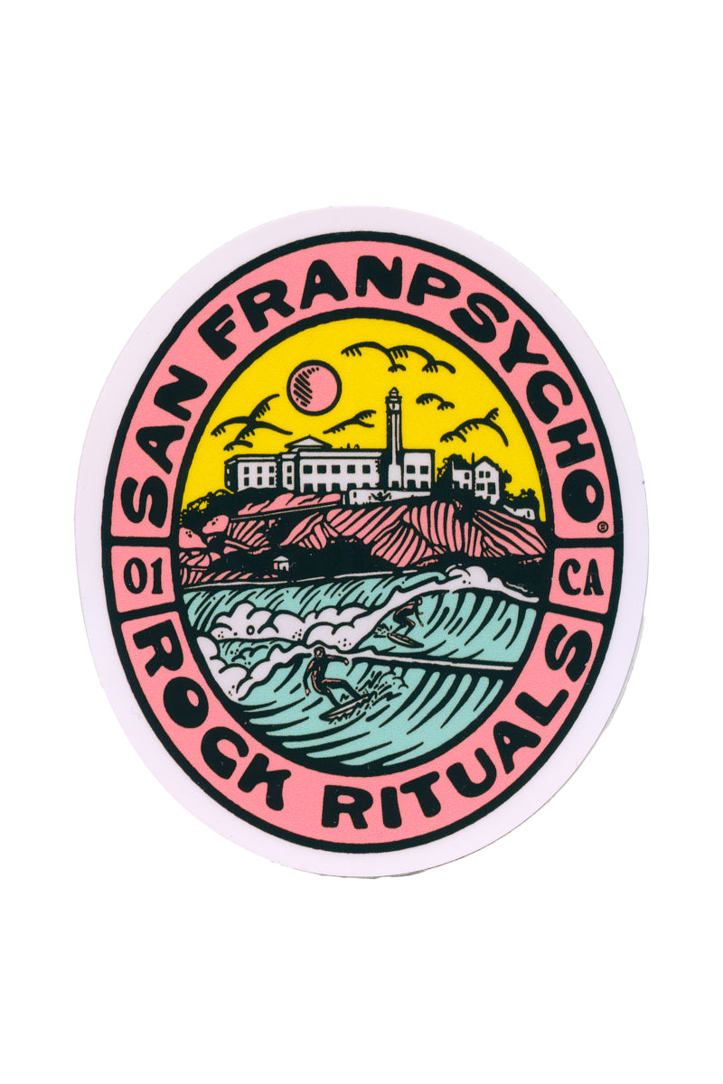 The Rock Rituals Sticker is a round San Franpsycho decal that vividly displays a coastal scene with surfers, prominently featuring Rock Rituals text. Designed by Kevin Espeche, this vibrant piece of art captures the beauty and energy of the ocean perfectly. Made from weatherproof vinyl, it's both durable and stunning.
