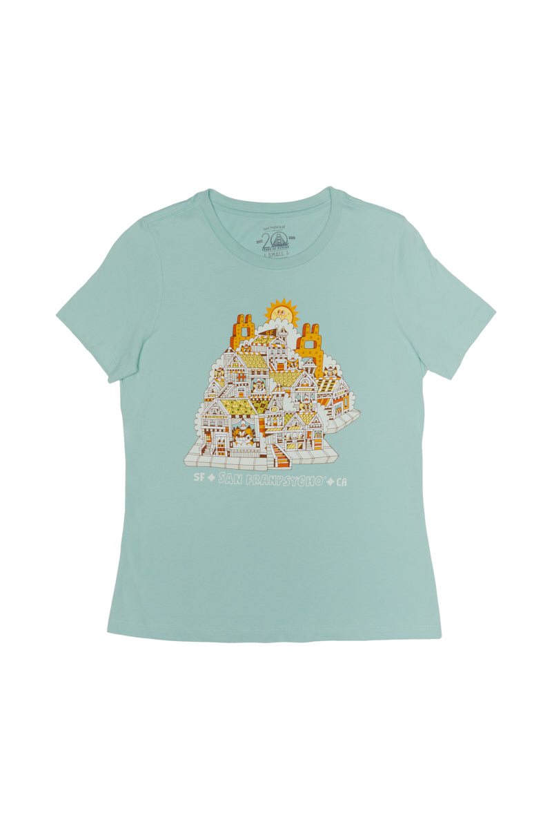 The Womens Cat House Tee in sage features a vibrant San Francisco and sun illustration, hand printed in San Francisco on 100% ring-spun cotton.