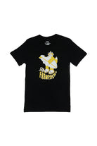 Feisty Feline Tee: A black t-shirt made from 100% Airlume cotton, showcasing Ferris Plock artwork with a yellow and white graphic of a bird on a surfboard, accompanied by the text San Franksycho.