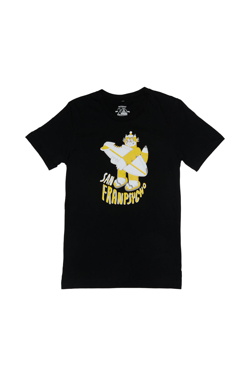 Feisty Feline Tee: A black t-shirt made from 100% Airlume cotton, showcasing Ferris Plock artwork with a yellow and white graphic of a bird on a surfboard, accompanied by the text San Franksycho.