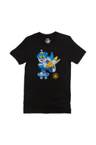 The Cat Purrsh Tee showcases a hand-printed design of a crowned cartoon blue cat skateboarding while holding a yellow surfboard. Made from premium cotton, it's ideal for fans of quirky style who prioritize comfort.