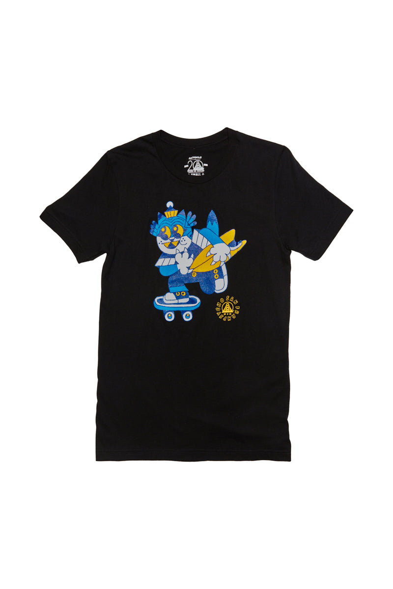 The Cat Purrsh Tee showcases a hand-printed design of a crowned cartoon blue cat skateboarding while holding a yellow surfboard. Made from premium cotton, it's ideal for fans of quirky style who prioritize comfort.