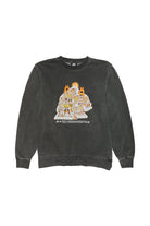 The Cat House Crewneck is a black unisex sweatshirt adorned with a colorful abstract cityscape design on the front, bringing a touch of vintage character to your wardrobe.