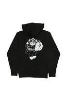 Featuring Ferris Plock artwork, the Battle Cat Zip-Up Hoodie is a unisex black hoodie adorned with a white cartoon graphic of a skull character holding a skull, blending edgy style with comfort.