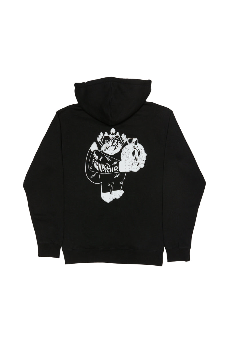 Featuring Ferris Plock artwork, the Battle Cat Zip-Up Hoodie is a unisex black hoodie adorned with a white cartoon graphic of a skull character holding a skull, blending edgy style with comfort.