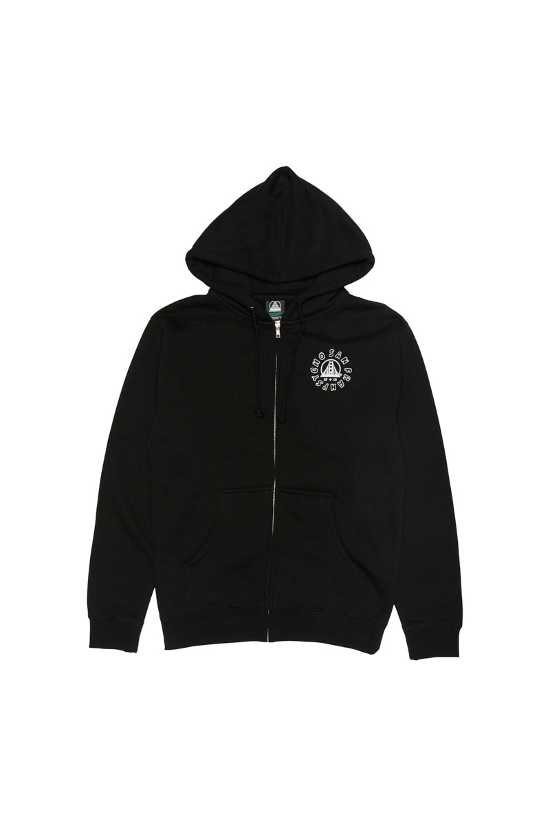 The Battle Cat Zip-Up Hoodie, a unisex cotton-poly blend, features a small white Ferris Plock graphic on the left chest. It combines style and functionality with a hood and front pockets.