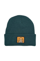 Cat Stamp Green Waffle Beanie featuring a San Francisco CA patch with a cartoon bear on the front, highlighting the Ferris Plock collaboration.