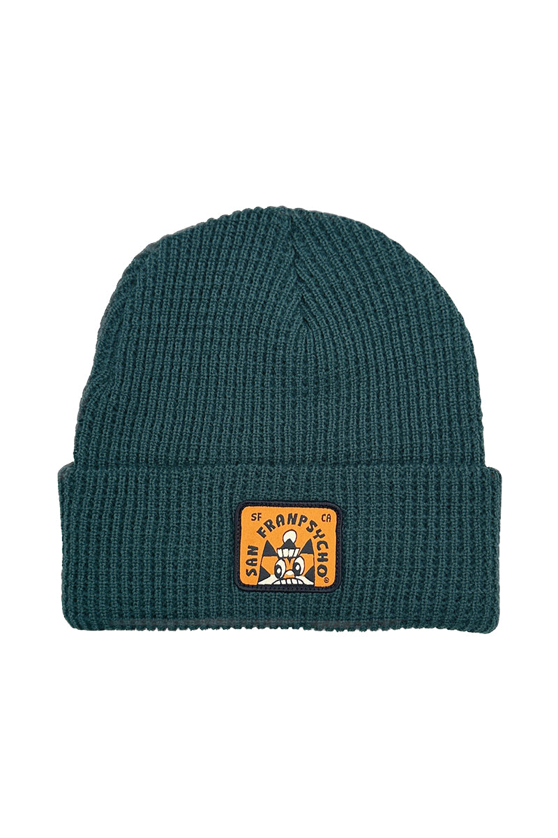 Cat Stamp Green Waffle Beanie featuring a San Francisco CA patch with a cartoon bear on the front, highlighting the Ferris Plock collaboration.