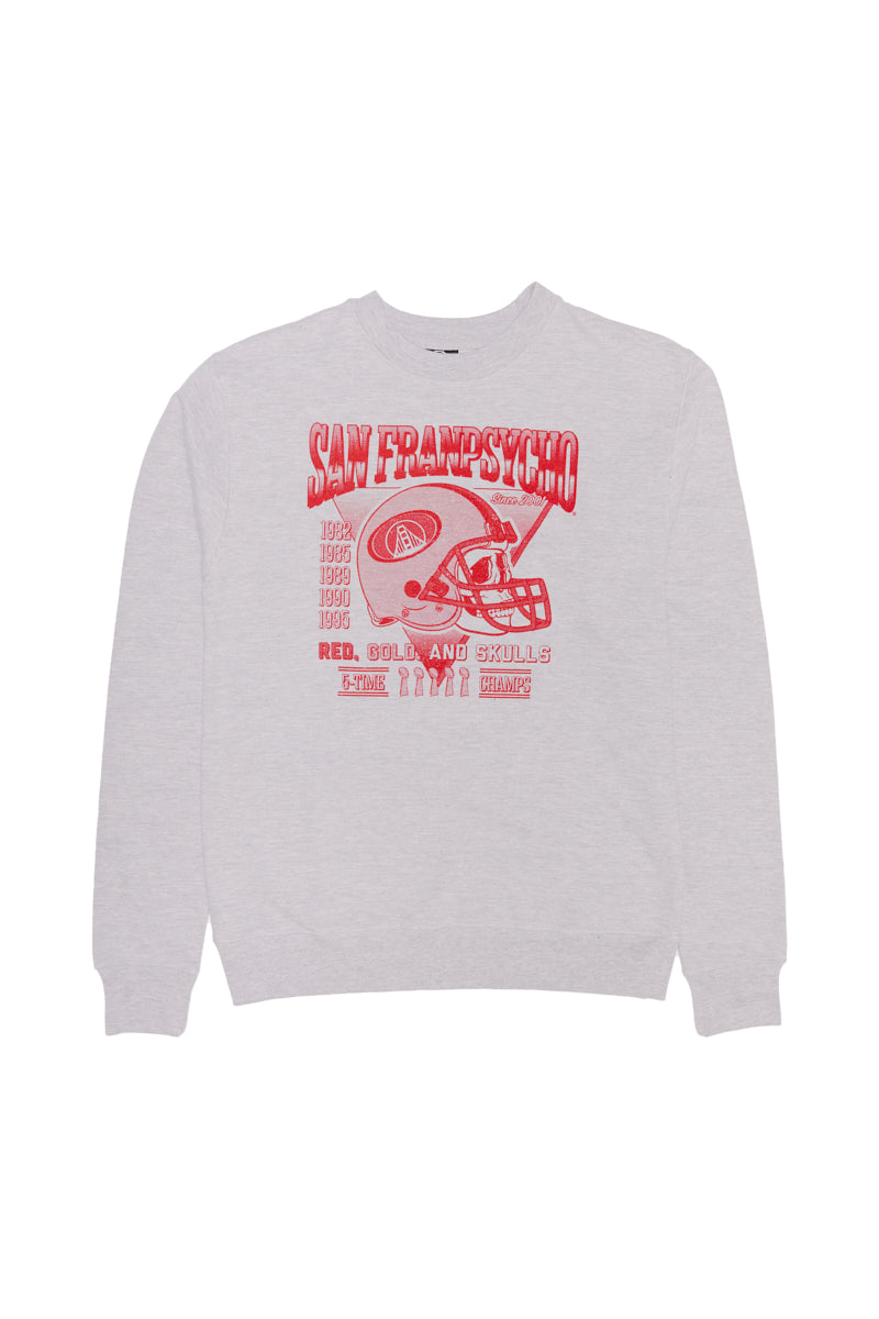 The Candlestick Champs Crewneck is a unisex sweatshirt that showcases a vintage San Francisco design featuring a football helmet, highlighting the Niners' season years and achievements in bold red.