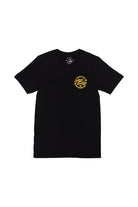 The Splash Buddies Tee is a unisex black shirt featuring a small yellow graphic on the front that reads "Slush Cult Palm Studios," making it perfect for Splash Buddies outings.
