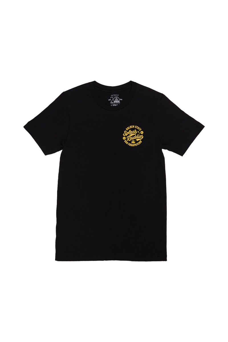 The Splash Buddies Tee is a unisex black shirt featuring a small yellow graphic on the front that reads "Slush Cult Palm Studios," making it perfect for Splash Buddies outings.