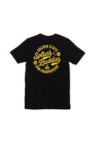 Introducing the Splash Buddies Tee: a unisex shirt in classic black, featuring a circular yellow design on the back with the text "Golden State Splash Buddies San Franpsycho." Ideal for Warriors fans looking to make a bold statement.