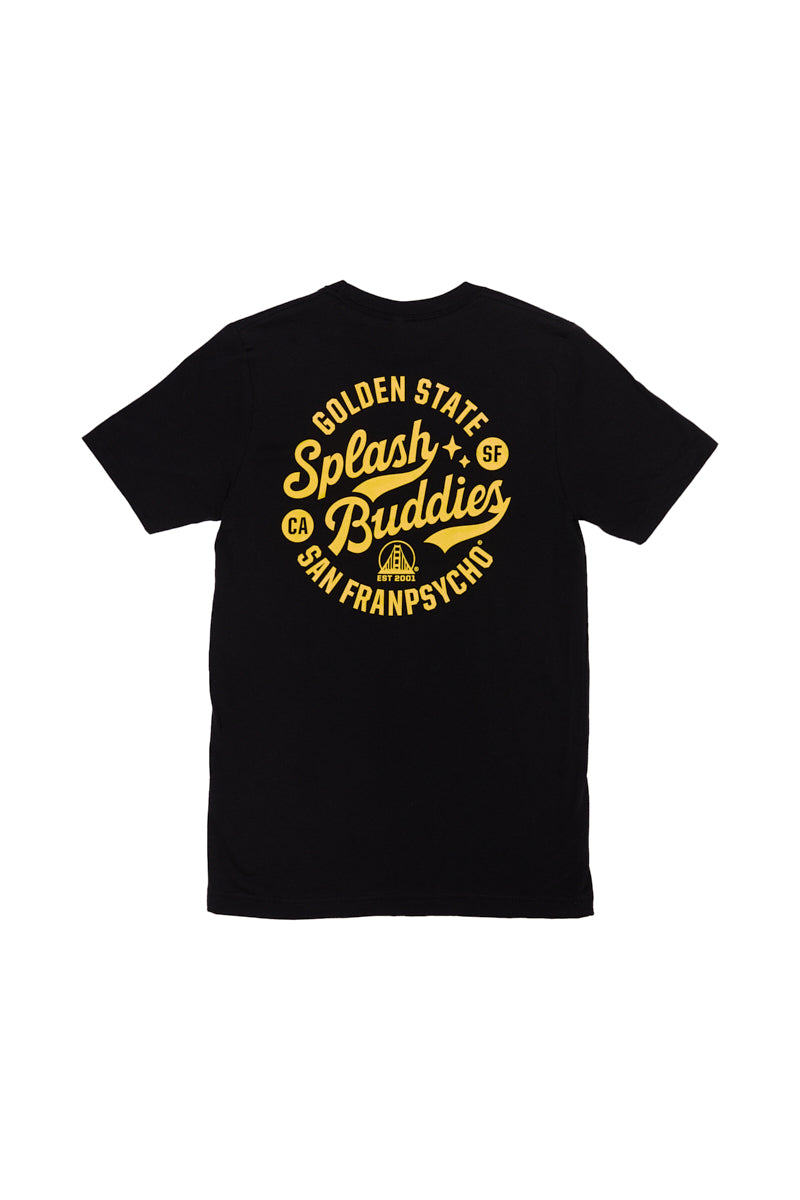 Introducing the Splash Buddies Tee: a unisex shirt in classic black, featuring a circular yellow design on the back with the text "Golden State Splash Buddies San Franpsycho." Ideal for Warriors fans looking to make a bold statement.