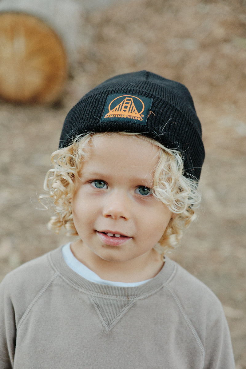 boy wearing Black Kids Beanie w/ Black/Orange Logo
