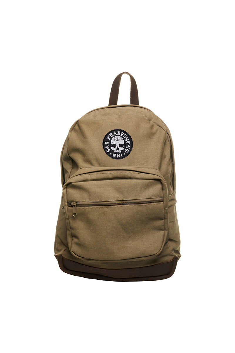 Olive Backpack w/ Punk Skull Patch featuring leather trims, a front pocket, and a black circular Punk Skull logo on the upper front.