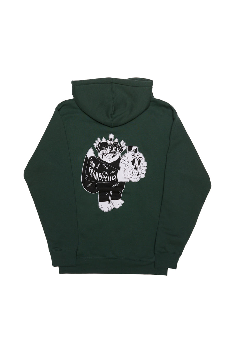 The Battle Cat Pullover Hoodie in dark green is a unisex design crafted from a comfy poly/cotton blend. It showcases a hand-printed black and white cartoon graphic of a creature with a mask on the back.
