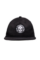The Punk Skull Hat is an adjustable black snapback with a bold skull and San Franpsycho patch on the front, perfect for adding a punk edge to your style.