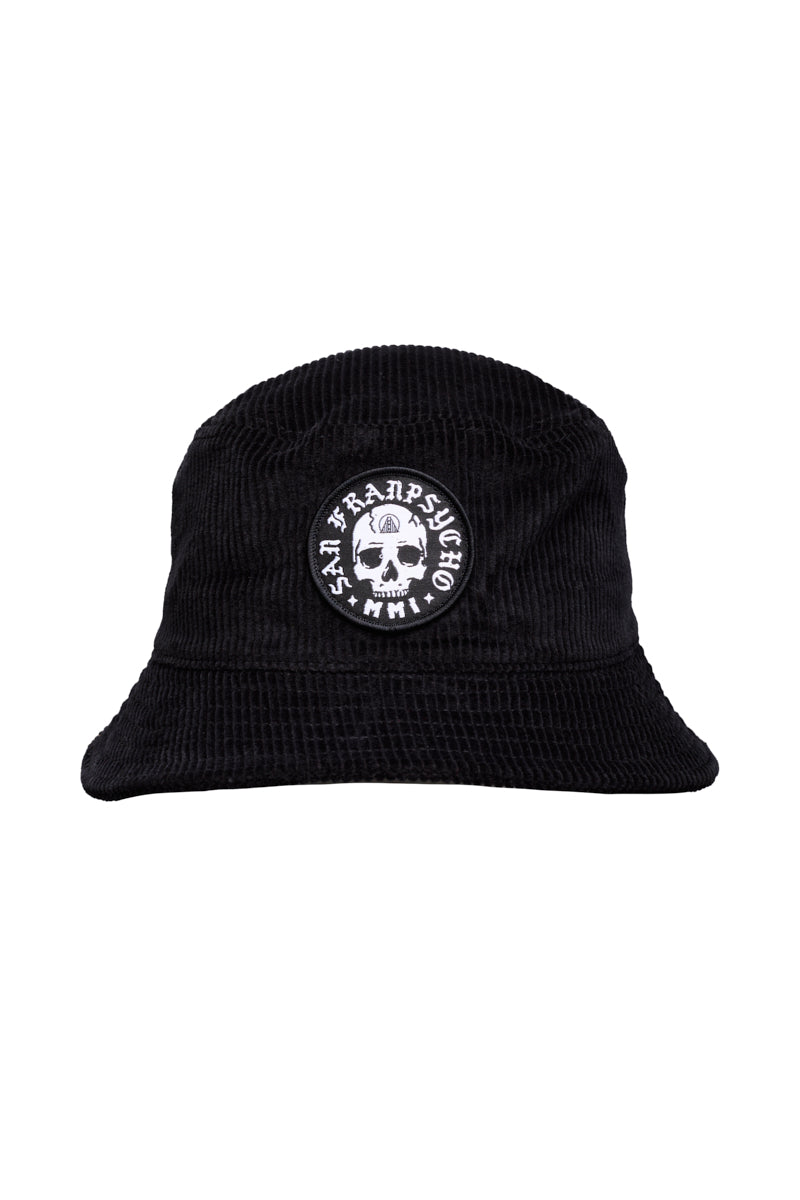 The Punk Skull Corduroy Bucket Hat features black corduroy with a round punk skull patch and San Francisco MMII text on the front—ideal for anyone who believes Punk is Peace.