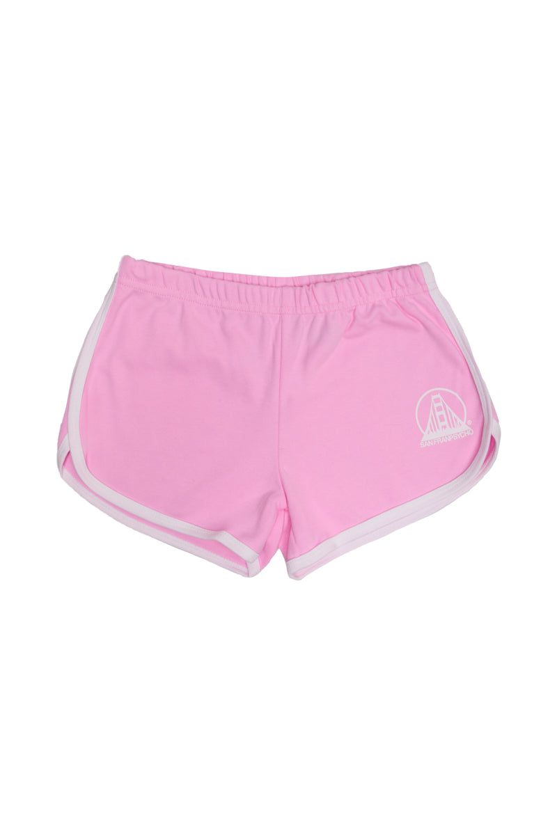 Cozy and lightweight, the Stay Psycho Booty Shorts - Pink feature white trim and a small white logo on the left leg.