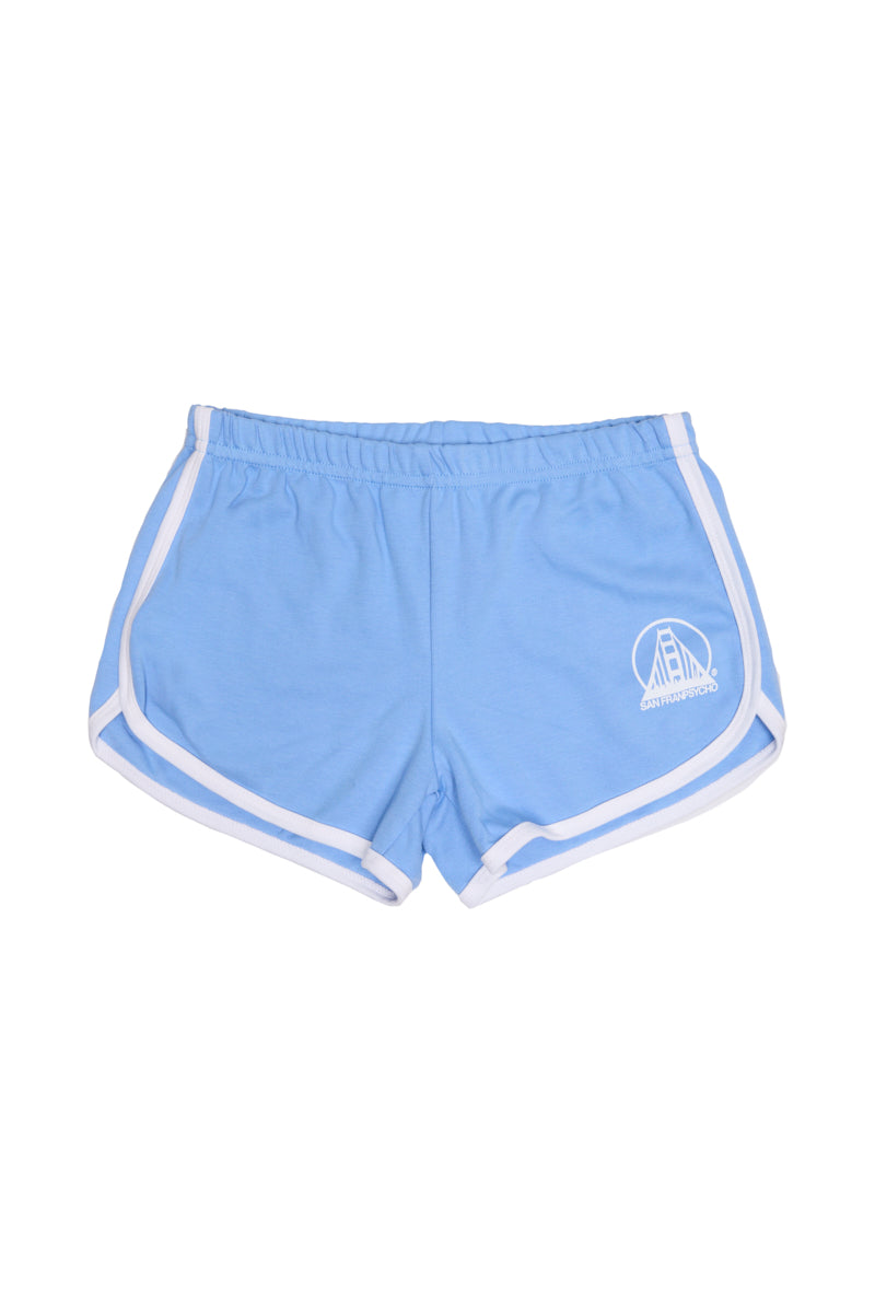 Stay Psycho Booty Shorts - Blue: 100% cotton shorts in light blue with white trim, a cozy fit, and a white bridge logo on the left side.