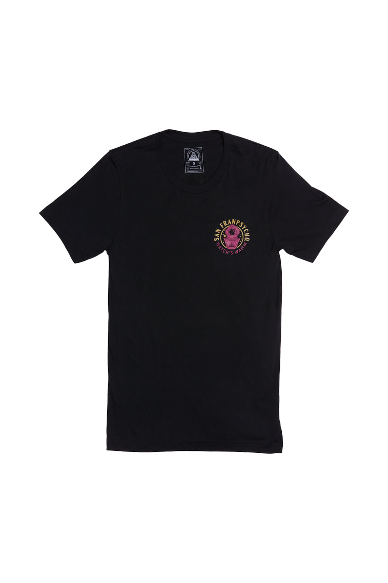 The Psycho Siren Tee is a black short-sleeve shirt crafted from soft Airlume cotton, featuring a small pink and yellow graphic on the left chest.