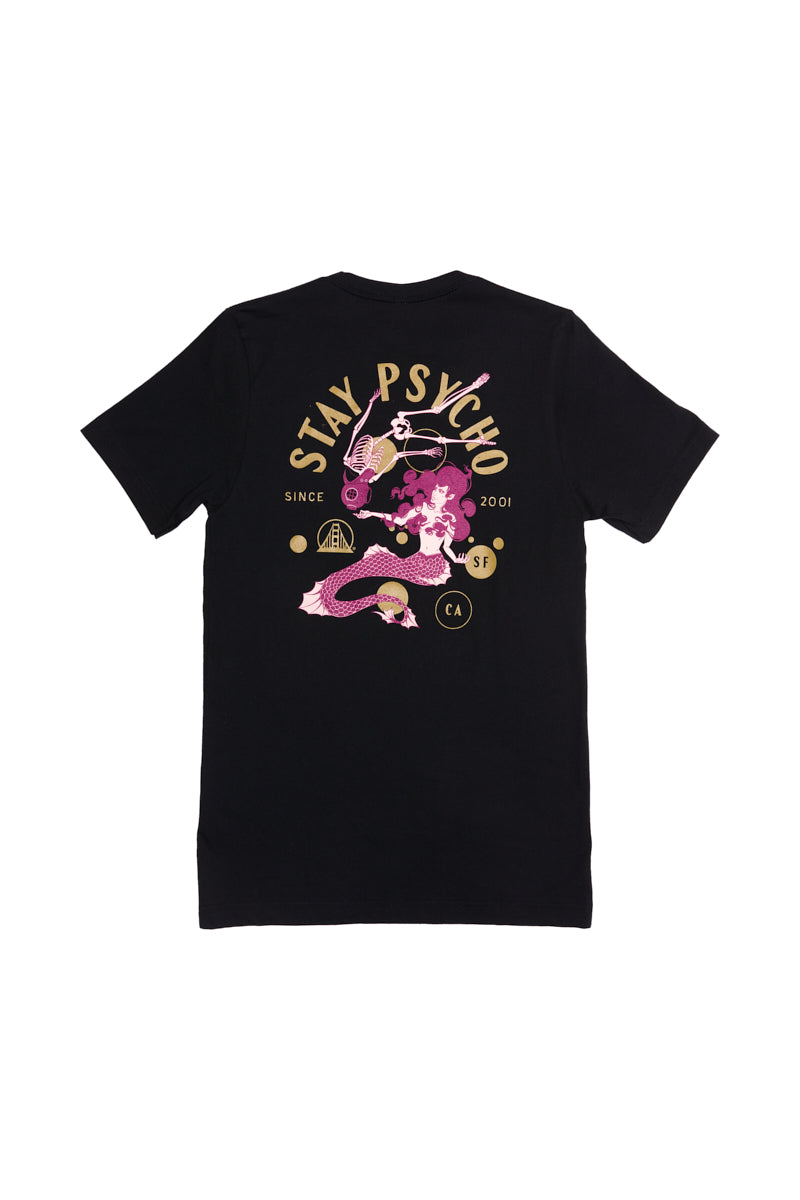 The Psycho Siren Tee is a black, hand-printed Airlume cotton shirt with a gold and pink dragon graphic and Stay Psycho text on the back. Part of our exclusive Psycho Siren tees collection.