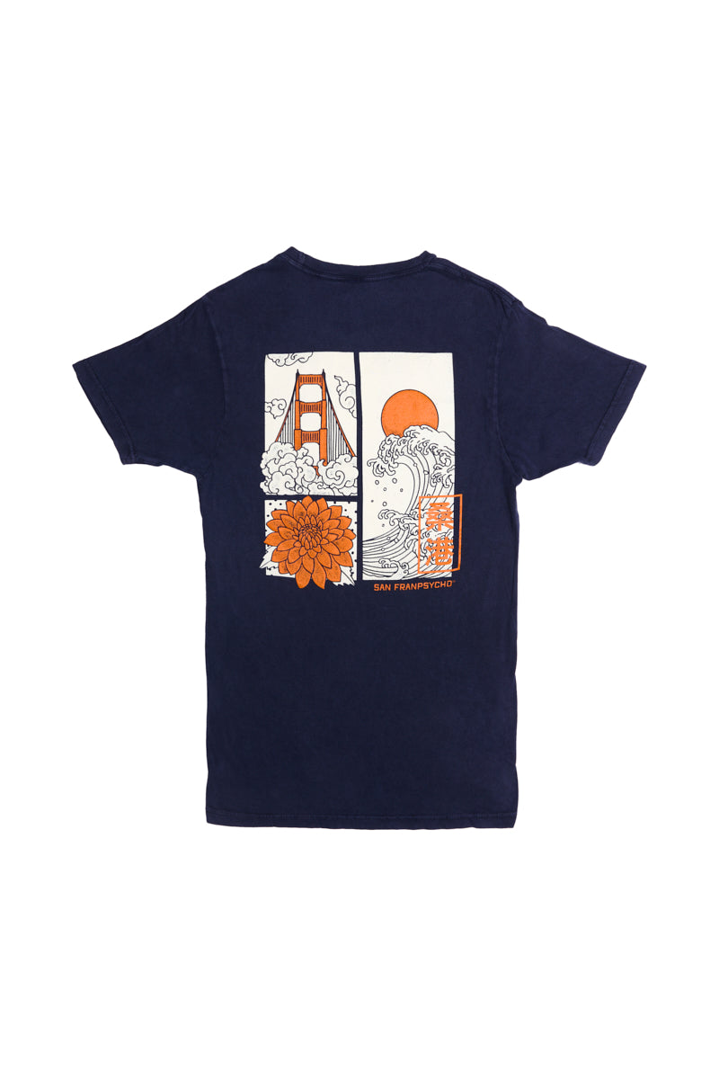 The Sunset Dahlia Tee is a navy vintage-style shirt featuring Japanese art-inspired graphics of the Golden Gate Bridge, a wave, flower, and sun with San Francisco label for unique flair.