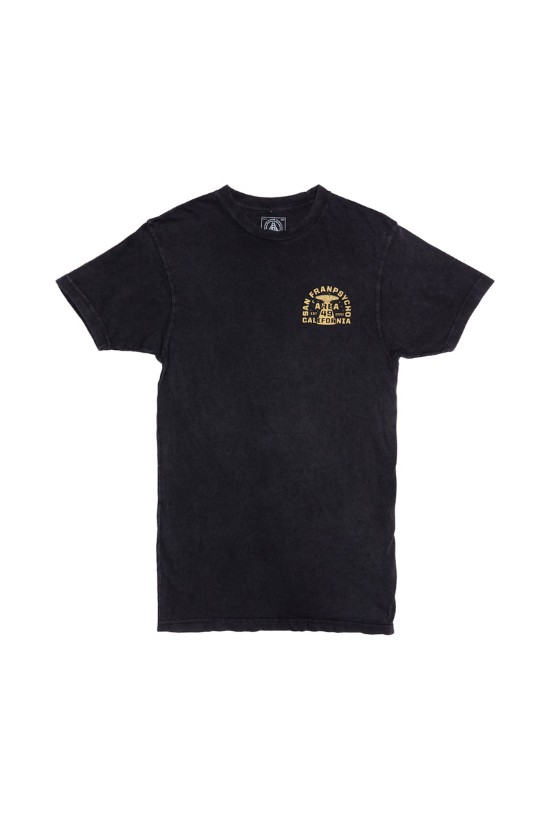 The Area 49 Tee is a black short-sleeve shirt with a small yellow graphic and text on the left chest, made from 100% ring spun cotton for comfort and a soft, vintage feel.