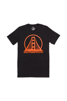 The Charcoal & Orange Logo Tee features an orange Golden Gate Bridge and San Franpsycho text on a comfy black shirt—hand printed for style and perfect for showing your San Francisco pride.