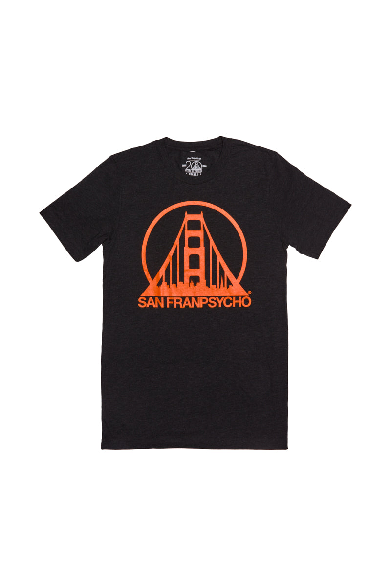 The Charcoal & Orange Logo Tee features an orange Golden Gate Bridge and San Franpsycho text on a comfy black shirt—hand printed for style and perfect for showing your San Francisco pride.