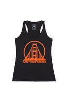The Womens Logo Tank - Charcoal & Orange features a relaxed fit with an orange Golden Gate Bridge graphic and SAN FRANPSYCHO text on the front, from our basics line for Black women.