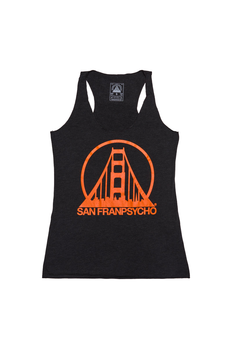 The Womens Logo Tank - Charcoal & Orange features a relaxed fit with an orange Golden Gate Bridge graphic and SAN FRANPSYCHO text on the front, from our basics line for Black women.