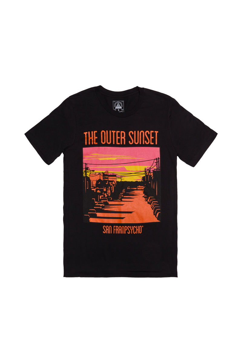 The Outer Sunset Tee is a black shirt featuring a vibrant sunset street graphic inspired by San Francisco, hand printed with San Franpsycho text below.