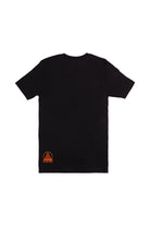 The Outer Sunset Tee is a black t-shirt with a small orange graphic and text on the lower back, hand printed in San Francisco’s Outer Sunset. Shown on a white background.