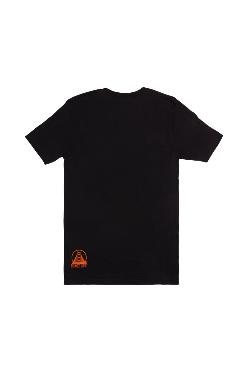 The Outer Sunset Tee is a black t-shirt with a small orange graphic and text on the lower back, hand printed in San Francisco’s Outer Sunset. Shown on a white background.