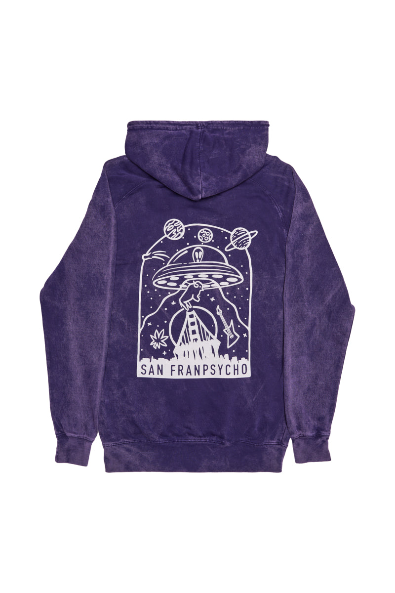 The Psycho Invader Pullover Hoodie features a white UFO, planets, and San Franpsycho text graphic on the back, all hand printed for a unique touch.