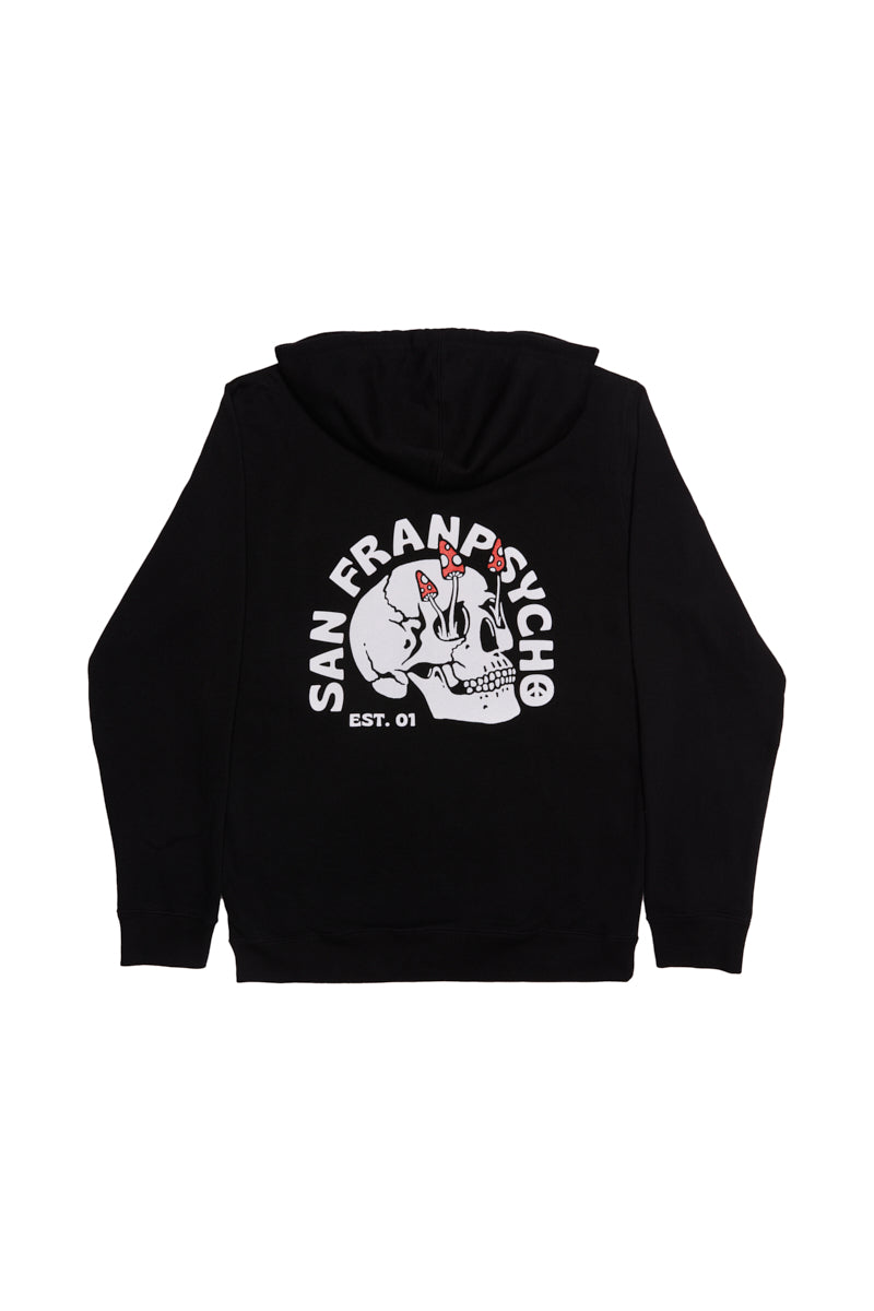 The Shroom Skull Zip-Up Hoodie is a black hand-printed zip-up featuring a Shroom Skull graphic and San Franpsycho EST. 01 text on the back.