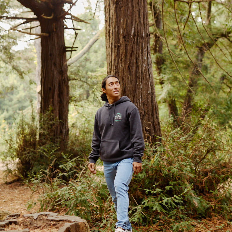 Wearing the Mind Bloom Pullover Hoodie, a person stands on a tree stump in a forest, surrounded by tall trees and lush greenery.