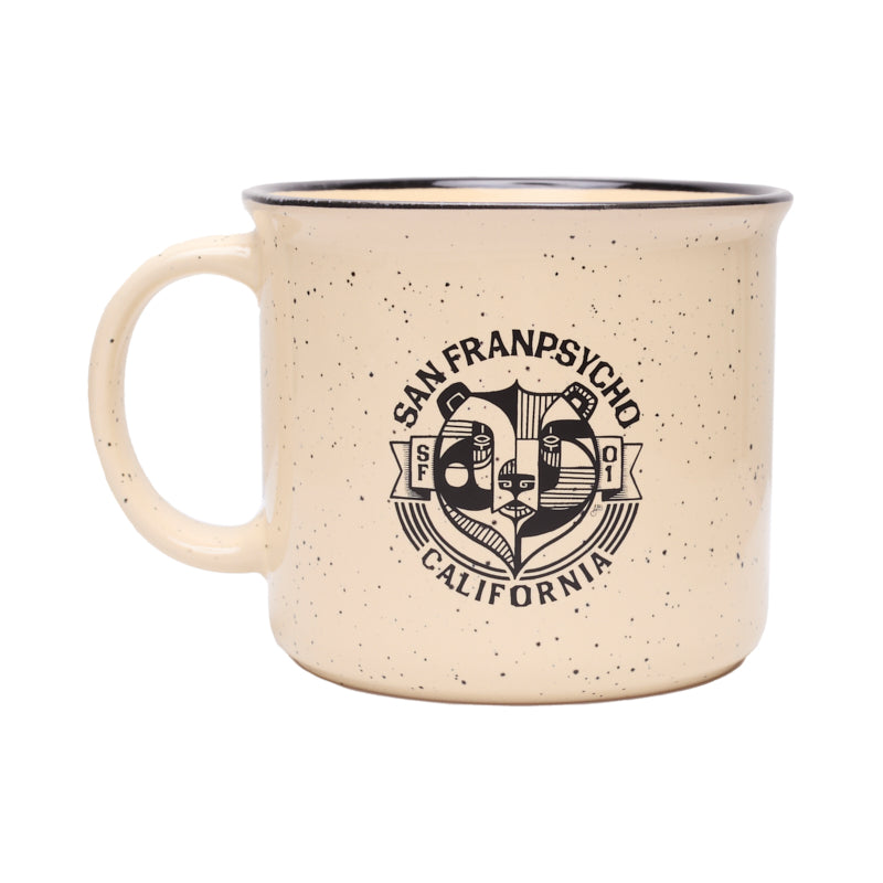 The Bear Essentials Mug is a beige speckled ceramic mug with a bear and San Franpsycho California logo—ideal for sipping coffee with West Coast style.