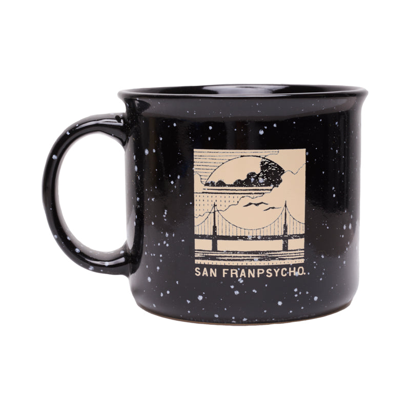 The Elemental Mug features a black speckled finish with “San Franpsycho” and a graphic of the Golden Gate Bridge and waves.