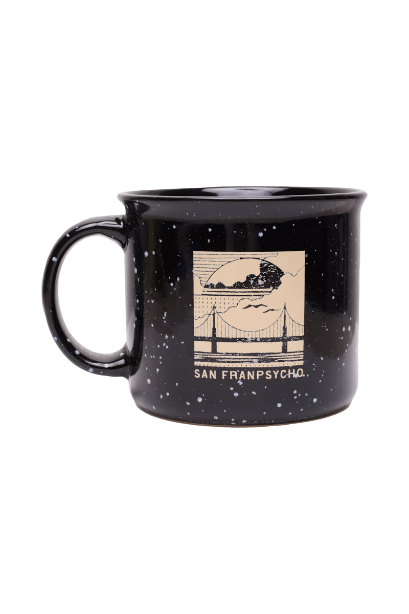 The Elemental Mug features a black speckled finish with “San Franpsycho” and a graphic of the Golden Gate Bridge and waves.