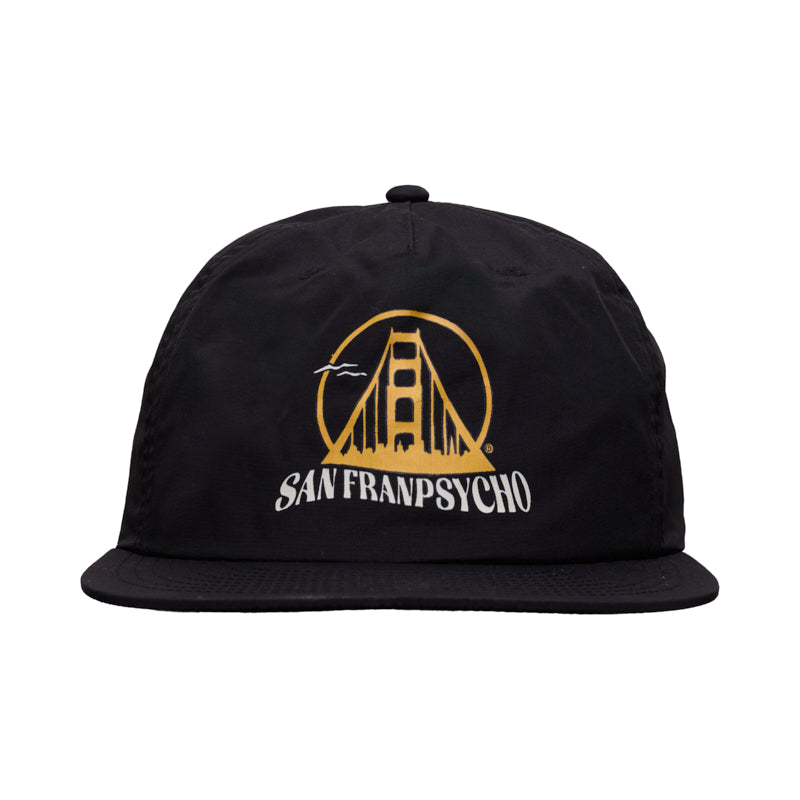 The Gull Logo Hat is a black cap featuring an embroidered yellow bridge, San Franpsycho text on the front, and a flat brim for a stylish, modern look.