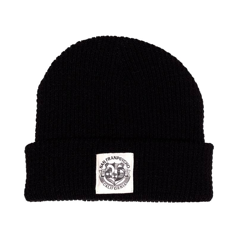 The Bear Essentials Black Beanie features a white patch with "San Francisco California" and a California bear graphic on the front—a must-have West Coast accessory.