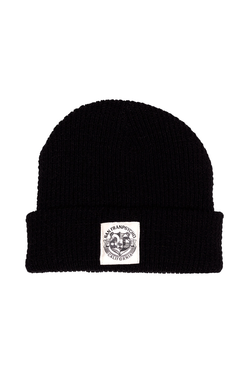 The Bear Essentials Black Beanie features a white patch with "San Francisco California" and a California bear graphic on the front—a must-have West Coast accessory.
