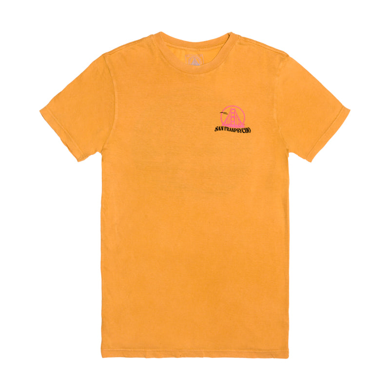 The Kelly's Cove Tee is a yellow short-sleeve shirt featuring a small pink and black graphic on the left chest, ideal for capturing coastal city vibes.