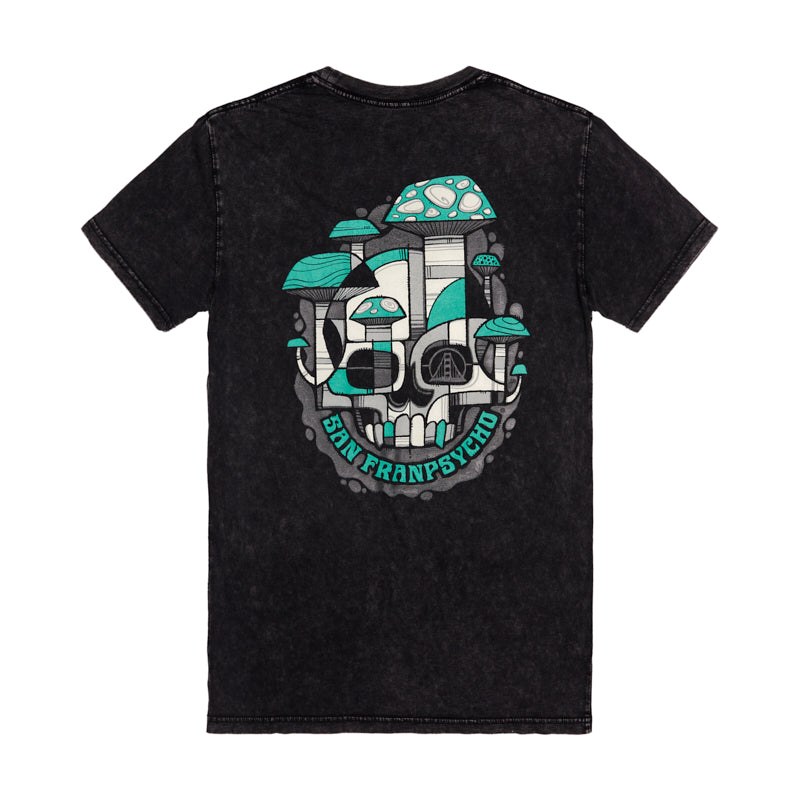 The Mind Bloom Tee is a black mineral wash shirt with a vibrant abstract skull and mushroom graphic by Erik Abel, plus bold San Franpsycho text on the back.