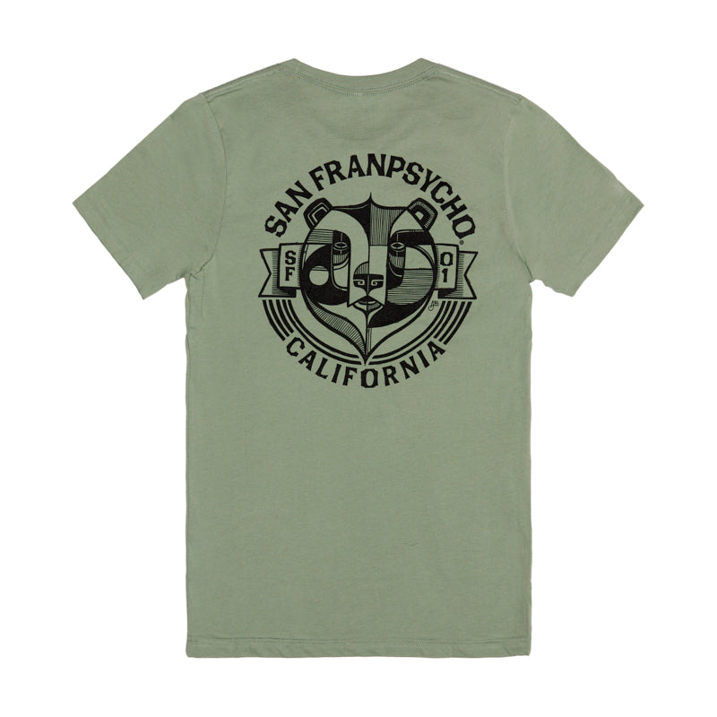 The Bear Essentials Tee features a black graphic logo and "San Franpsycho California" text on the back, capturing California bear style and San Francisco vibes in sage green.