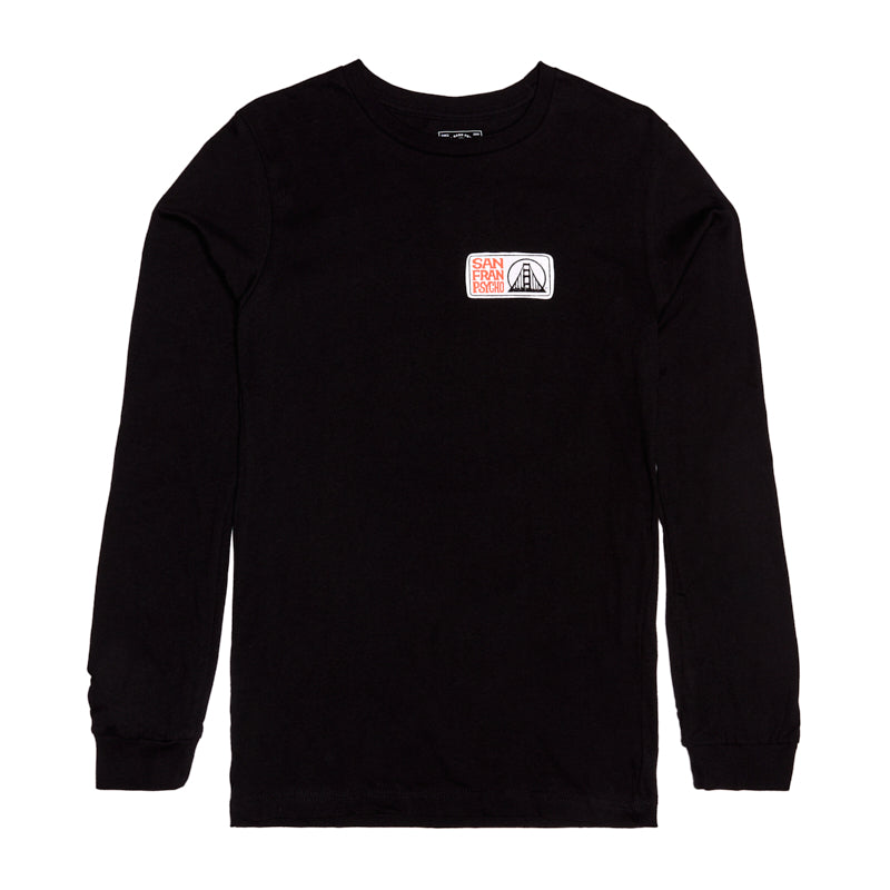 The Elemental Long Sleeve by Erik Abel features a subtle peace sign and text graphic on the left chest—ideal for casual San Francisco style.