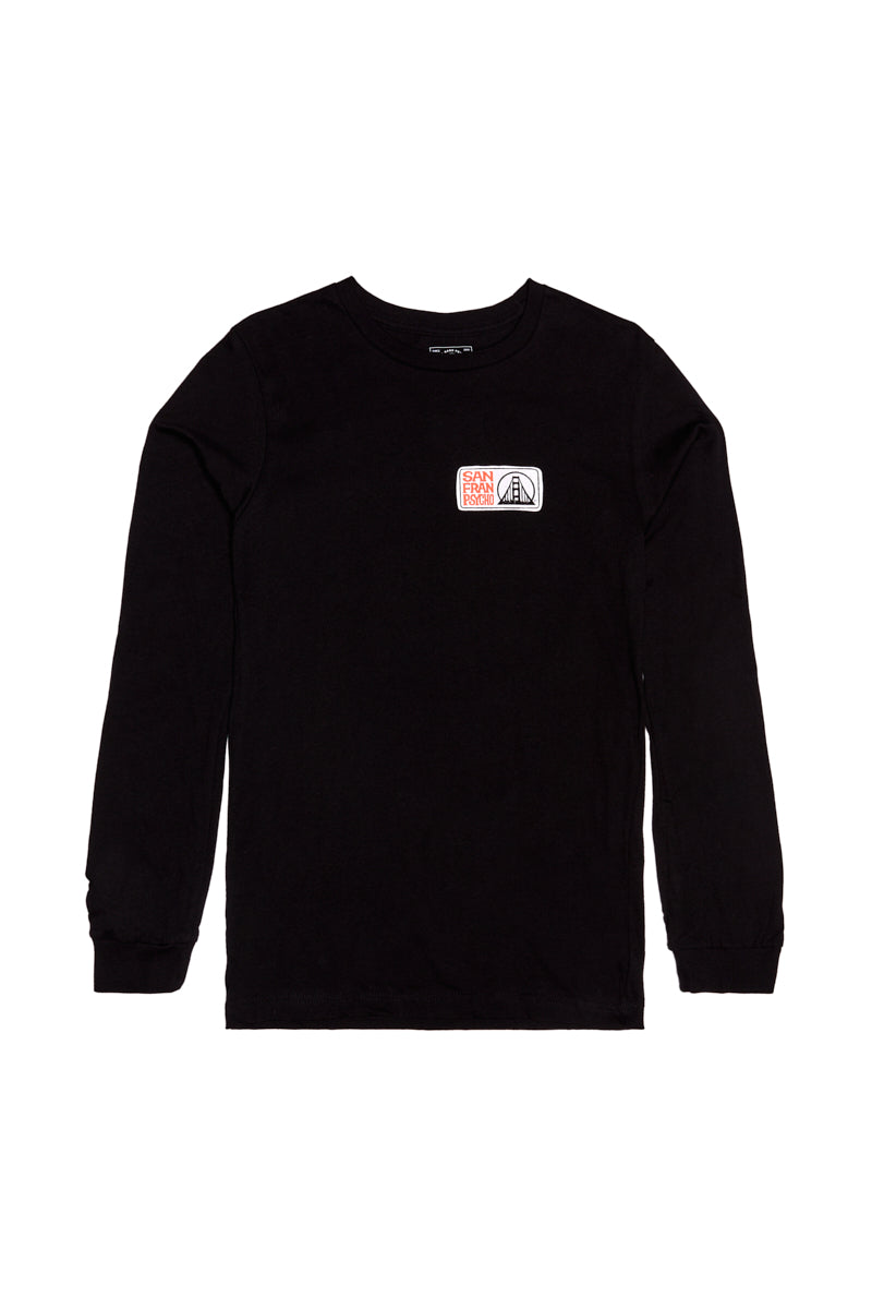 The Elemental Long Sleeve by Erik Abel features a subtle peace sign and text graphic on the left chest—ideal for casual San Francisco style.