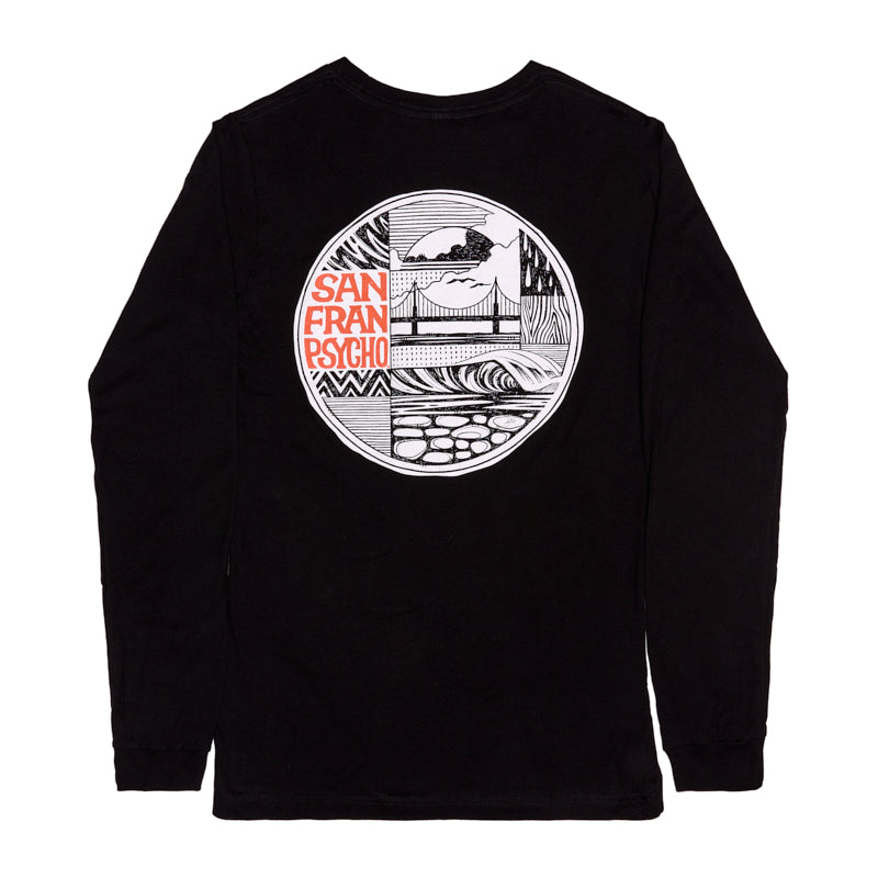 The Elemental Long Sleeve features a round Erik Abel San Francisco graphic and bold “San Franpsycho” text on the back.